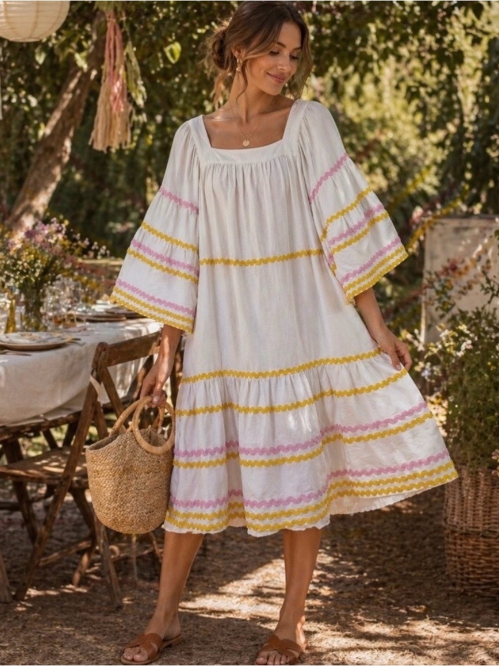 Lisa Marie Fernandez x Target Boho Square-Neck Midi Dress with Pink & Yellow